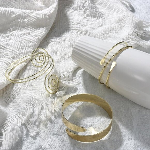 Gold Metal Arm Cuff Set for Women Adjustable Swirl Coil Jewelry - Picture 6 of 6